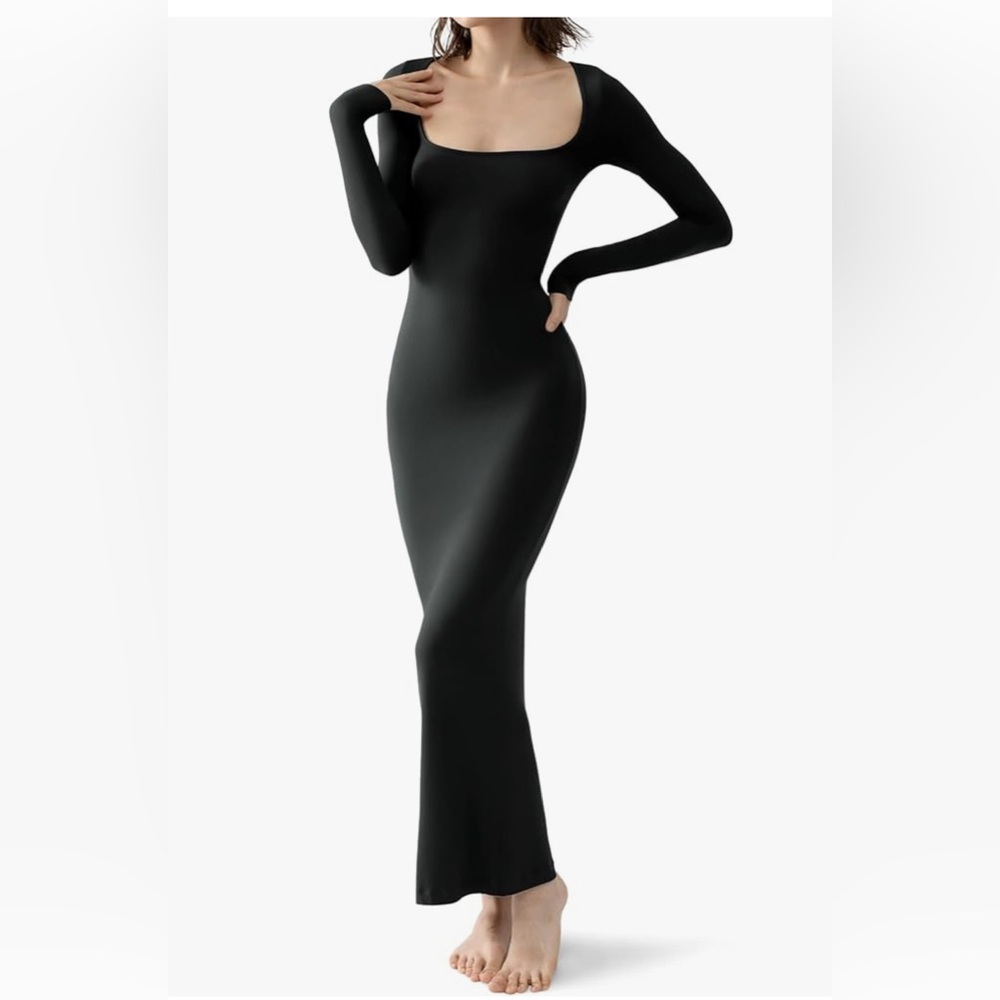 PUMIEY Black Square Neck Stretch Ribbed Long Sleeve Maxi Dress Size Small New